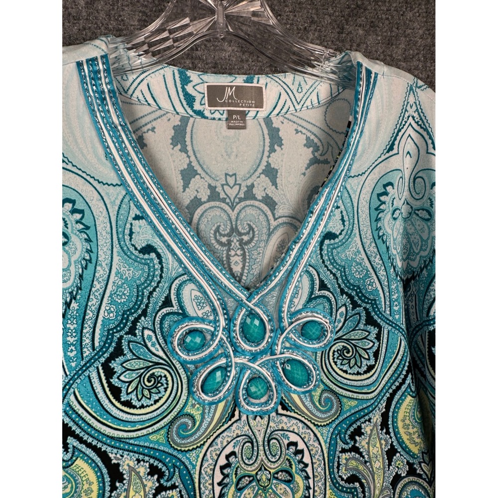 JM Collection Blouse Womens Petite L Blue Paisley Beaded Soutache 3/4 Sleeve Top - Picture 4 of 11
